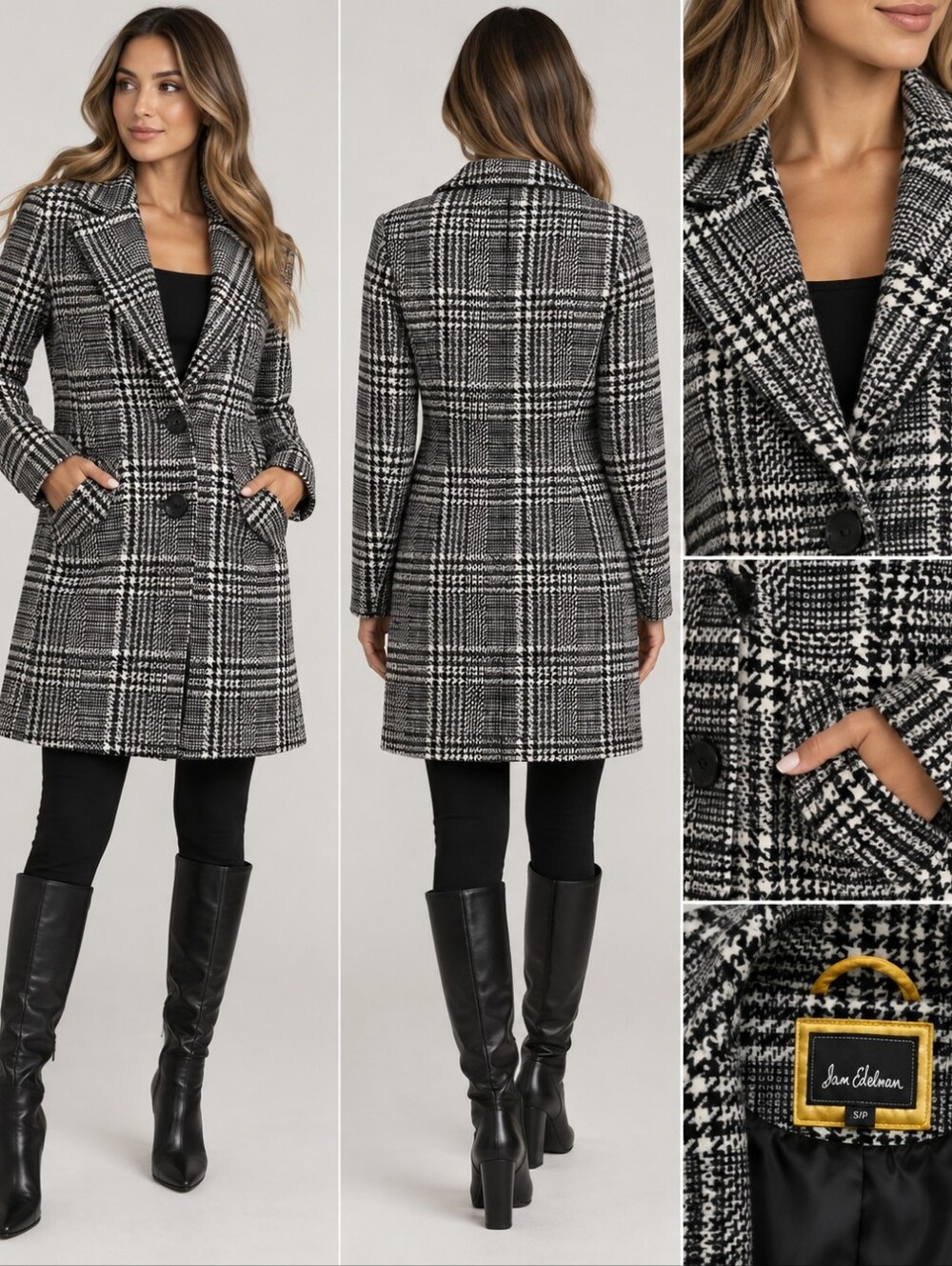 Sam Edelman Houndstooth Layered Wool Blend Coat Black & White XS